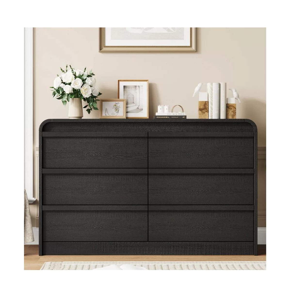 gaomon 6 Drawer Dresser for Bedroom, 47 Inch Wooden 6 Chest of Drawers with Curved Design, Modern Closet Storage Cabinet for Living Room - Black