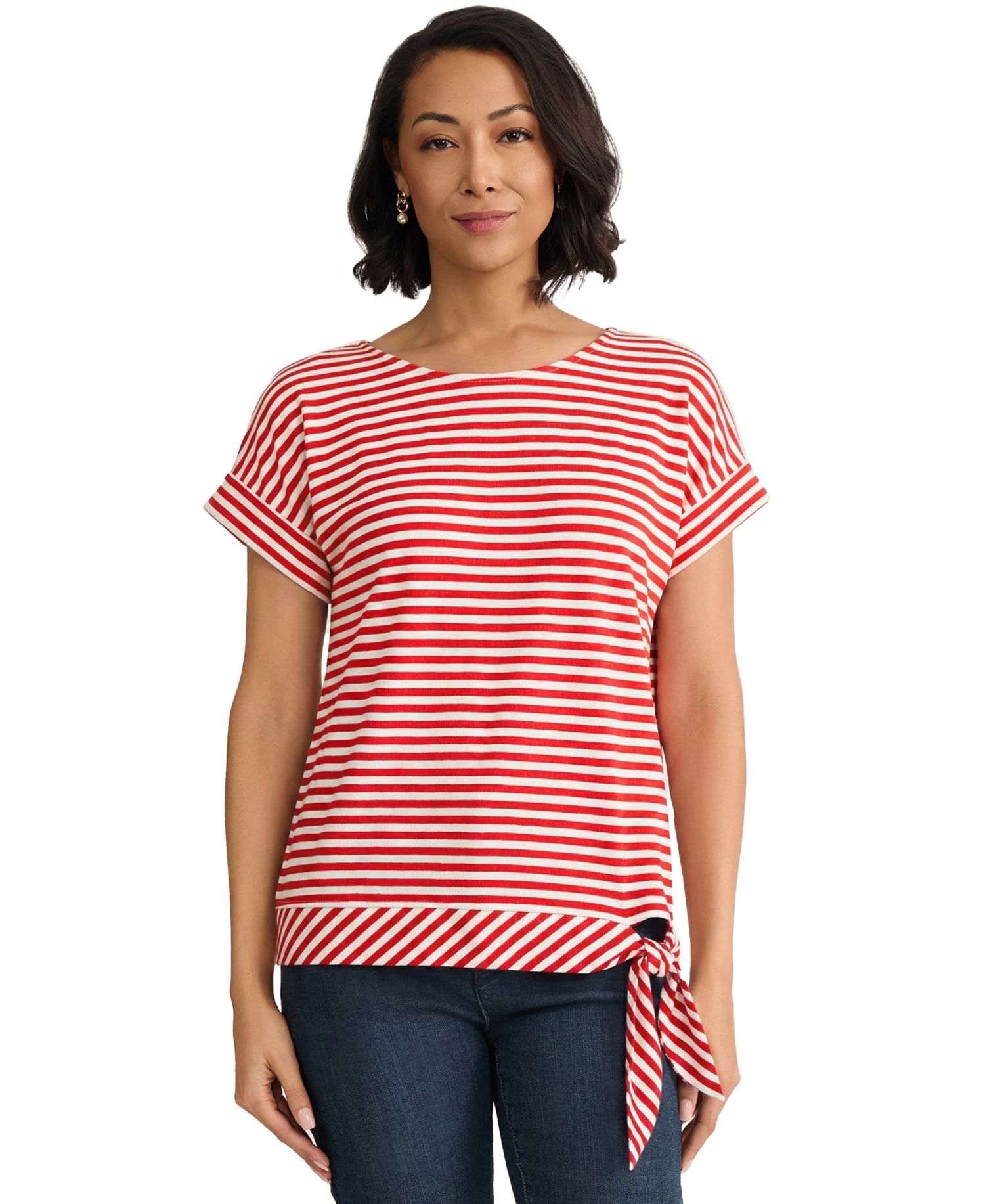 Petite Short-Sleeve Striped Side-Tie Boat Neck T-Shirt
