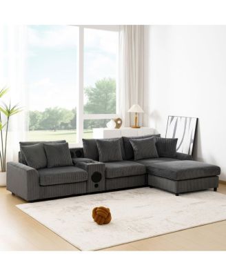 Corduroy Sectional Sofa with Bluetooth, USB, Cup Holders, Storage, Ottoman, Cloud Seat