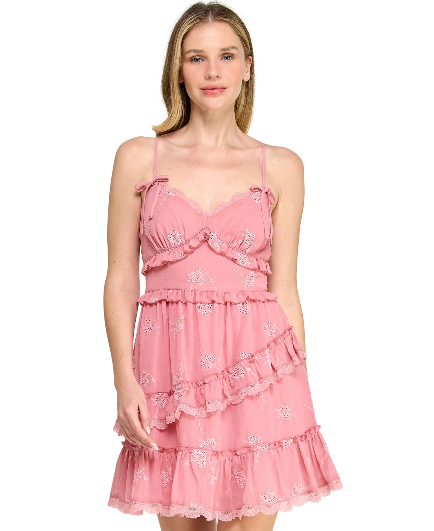Juniors' Sweetheart Neck Embroidered Short Dress