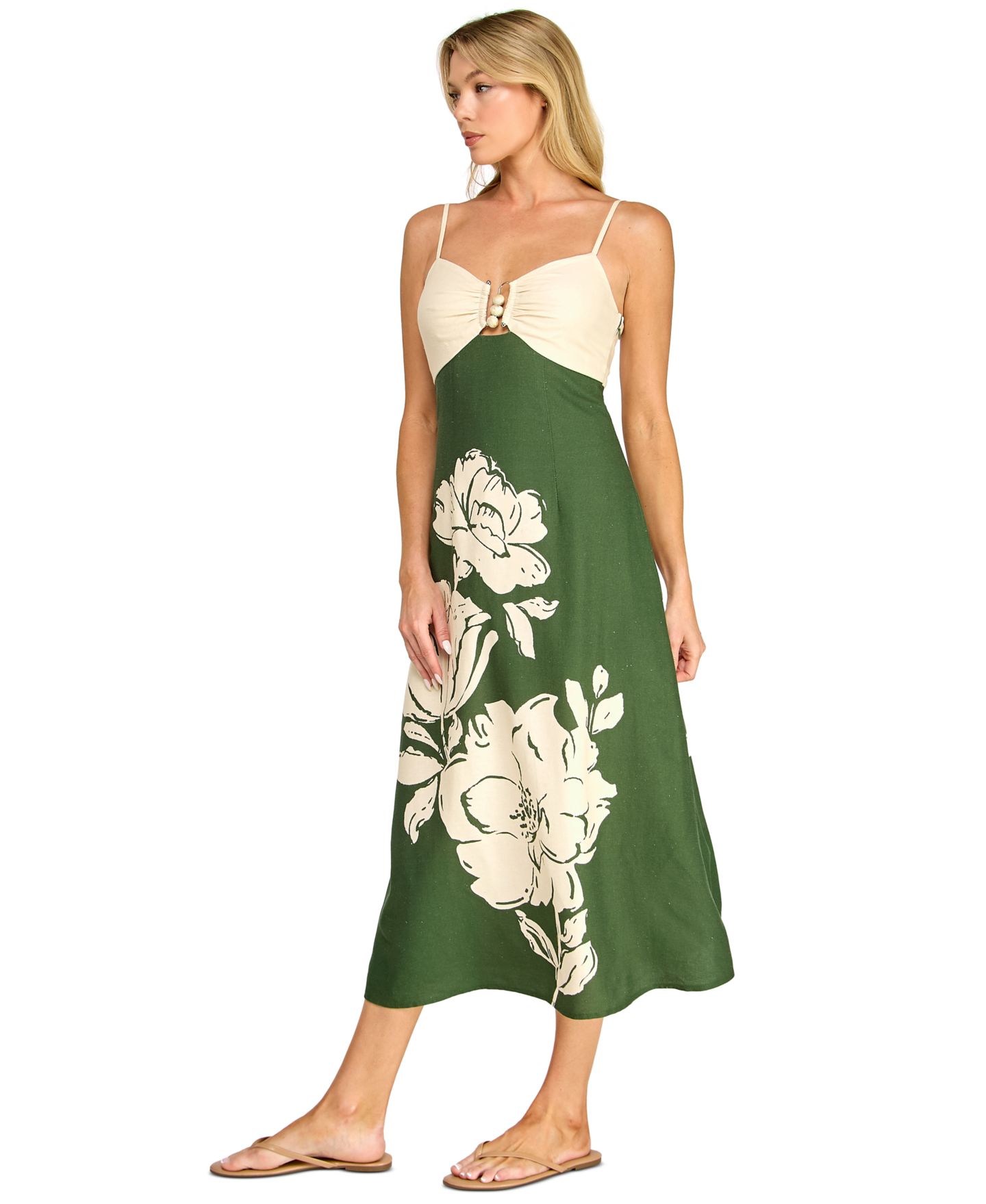 Женское платье Trixxi Juniors' Sleeveless Fit & Flare Midi Dress with Floral Placement Print, цвет: Оливковый — фото 8