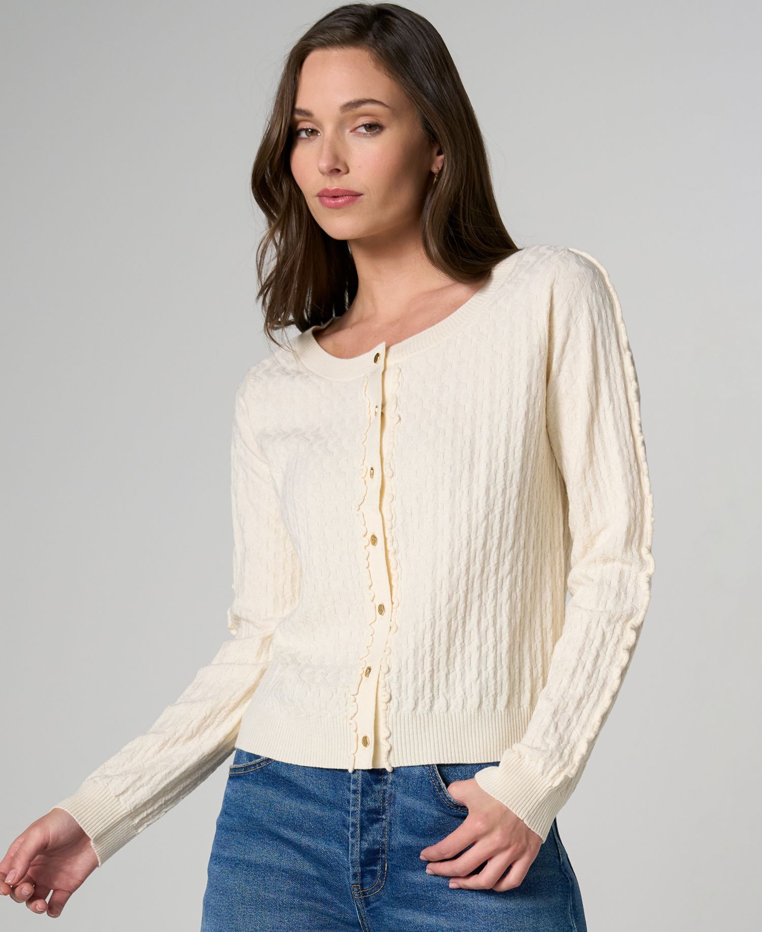 Petite Button-Front Ruffle Trim Cardigan Sweater
