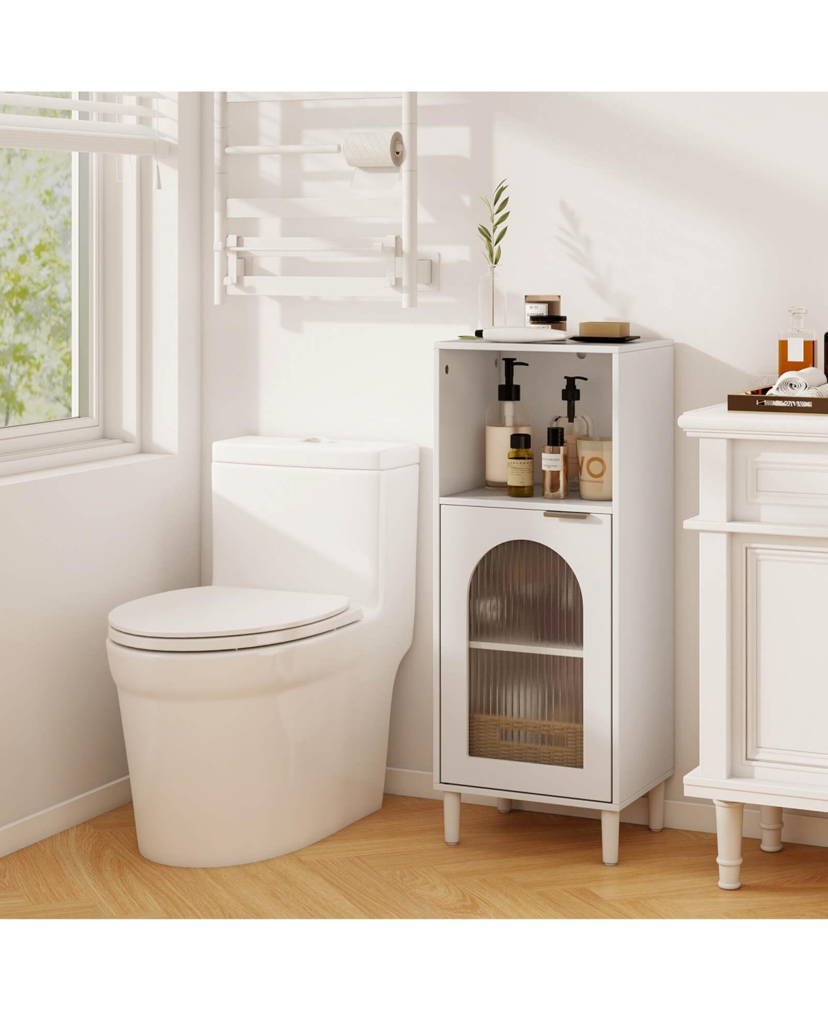 Costway Status Bathroom Floor Cabinet Wood Side Storage Organizer with Adjustable Shelf