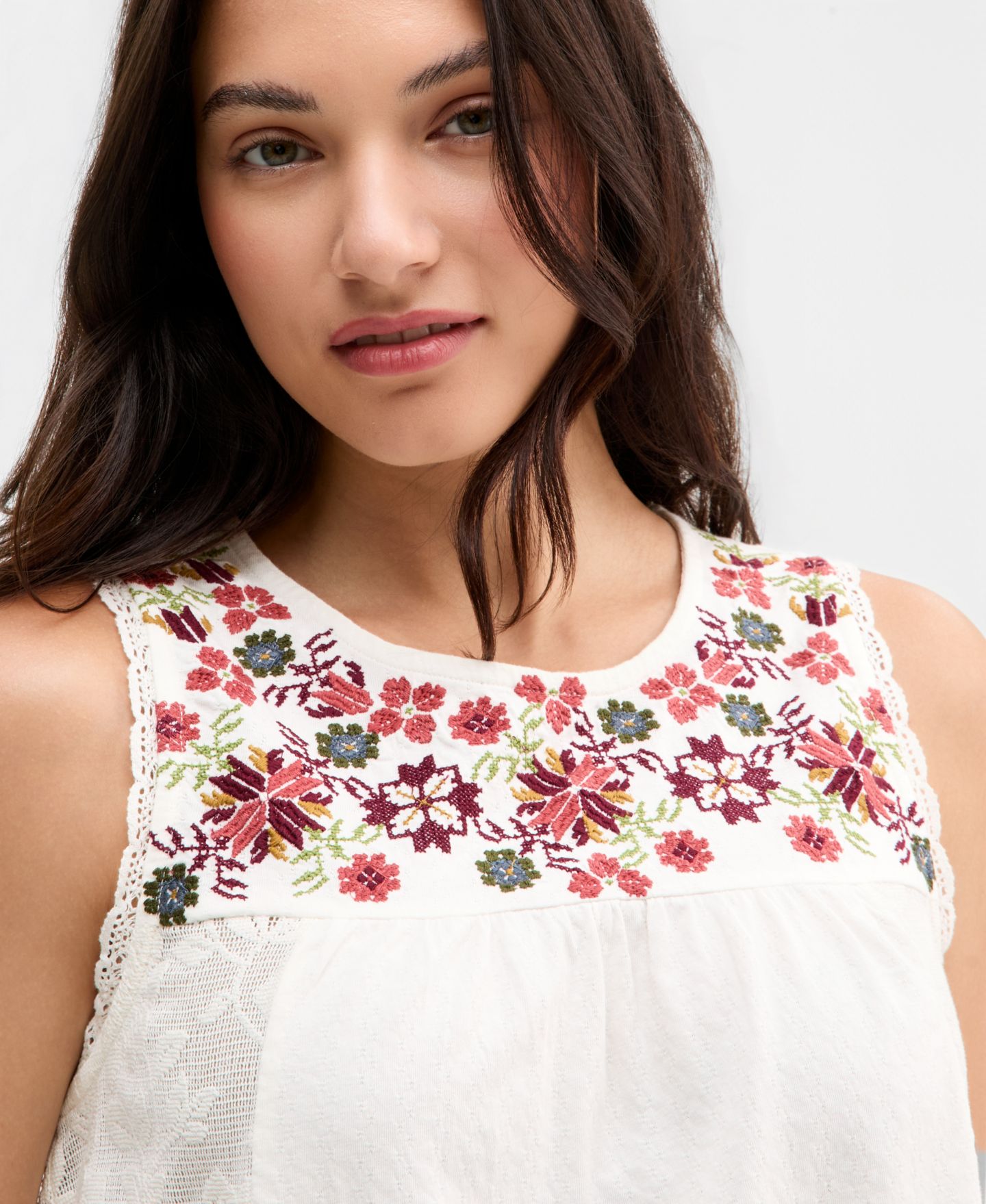 Женский топ Lucky Brand Embroidered-Yoke Lace-Inset Top, цвет: Кремовый — фото 3
