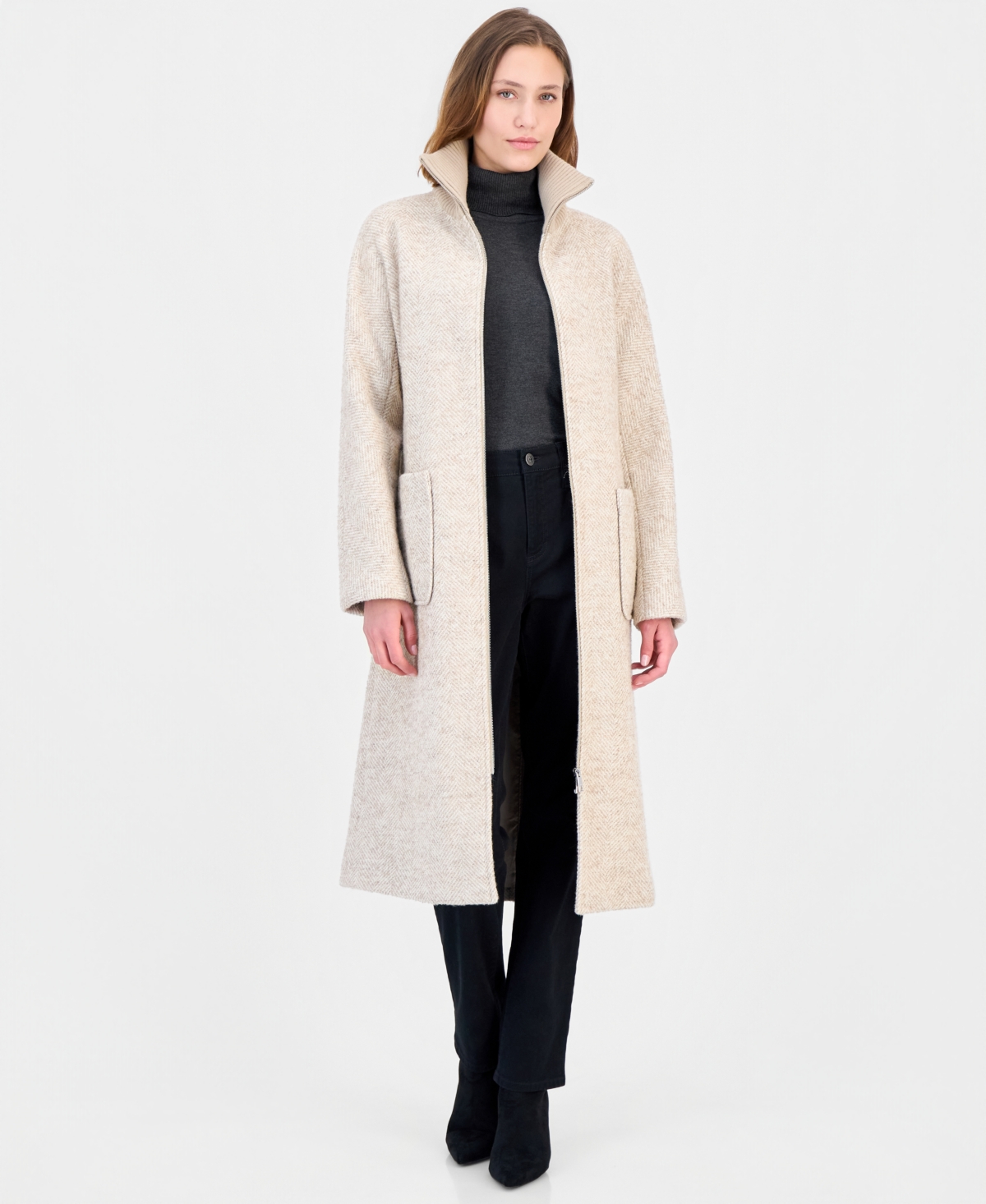 Calvin Klein Women's Belted Knit-Collar Textured Coat