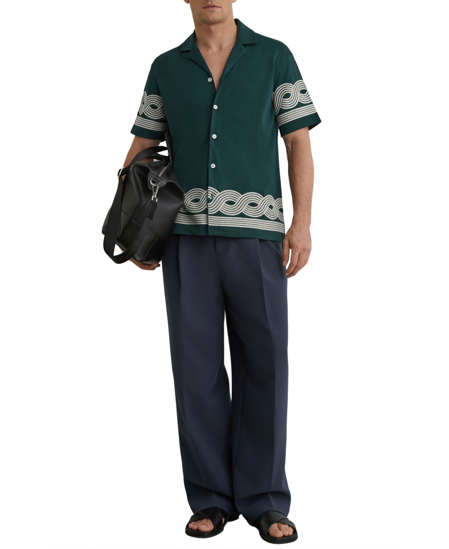 Мужская рубашка REISS Arden Embroidered Cuban, цвет: Мягкий шалфейный зелёный — фото 2