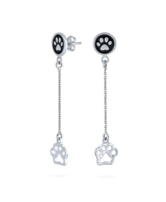 BFF Animal Lover Black Enamel Pet Paw Print Long Dangle Earrings .925 Sterling Silver