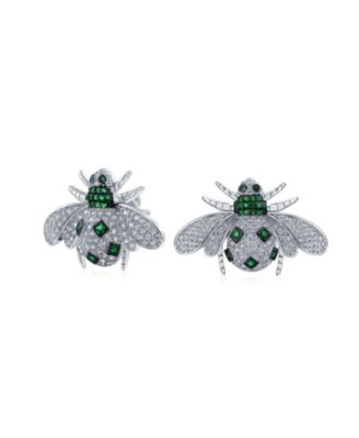 Art Deco Style Micro Pave Cubic Zirconia Insect Queen Bee Stud Earrings .925 Sterling Silver