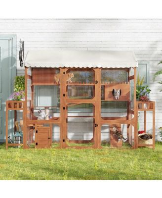 Outdoor Cat Enclosure, Multi-Level Wood Catio with Plant Stands, Roof for Backyard Patio