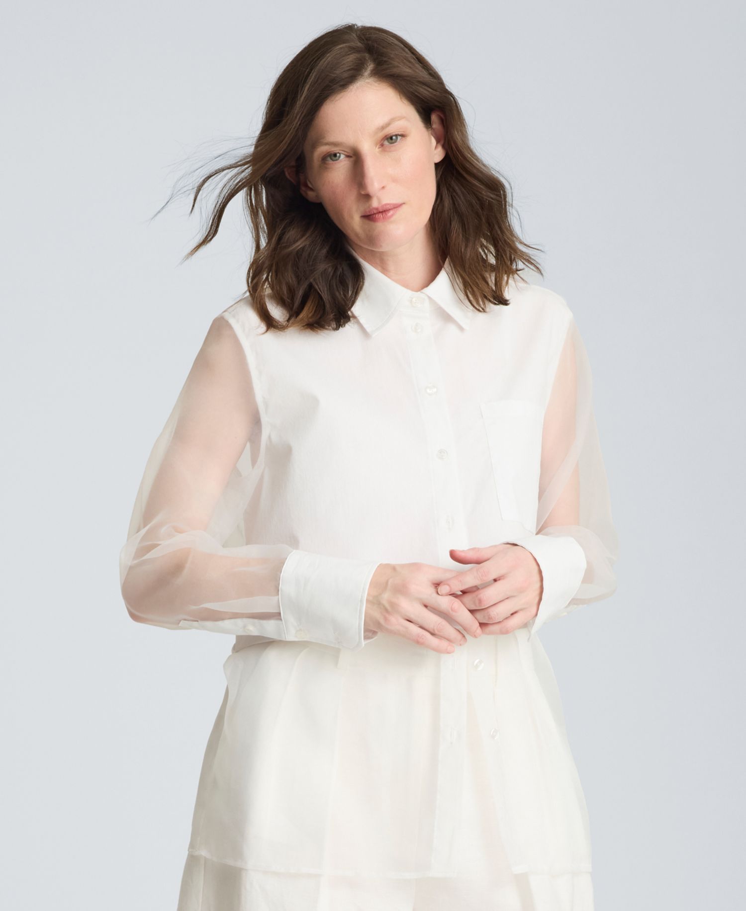 Women's Button Front Shirt with Sheer Overlay