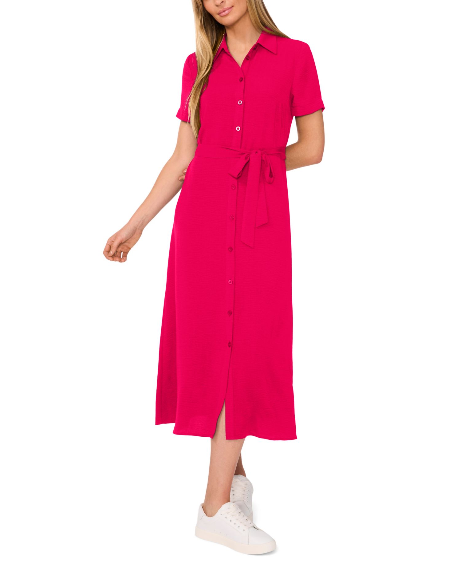 Women's Short-Sleeve Belted Midi Shirt-Dress