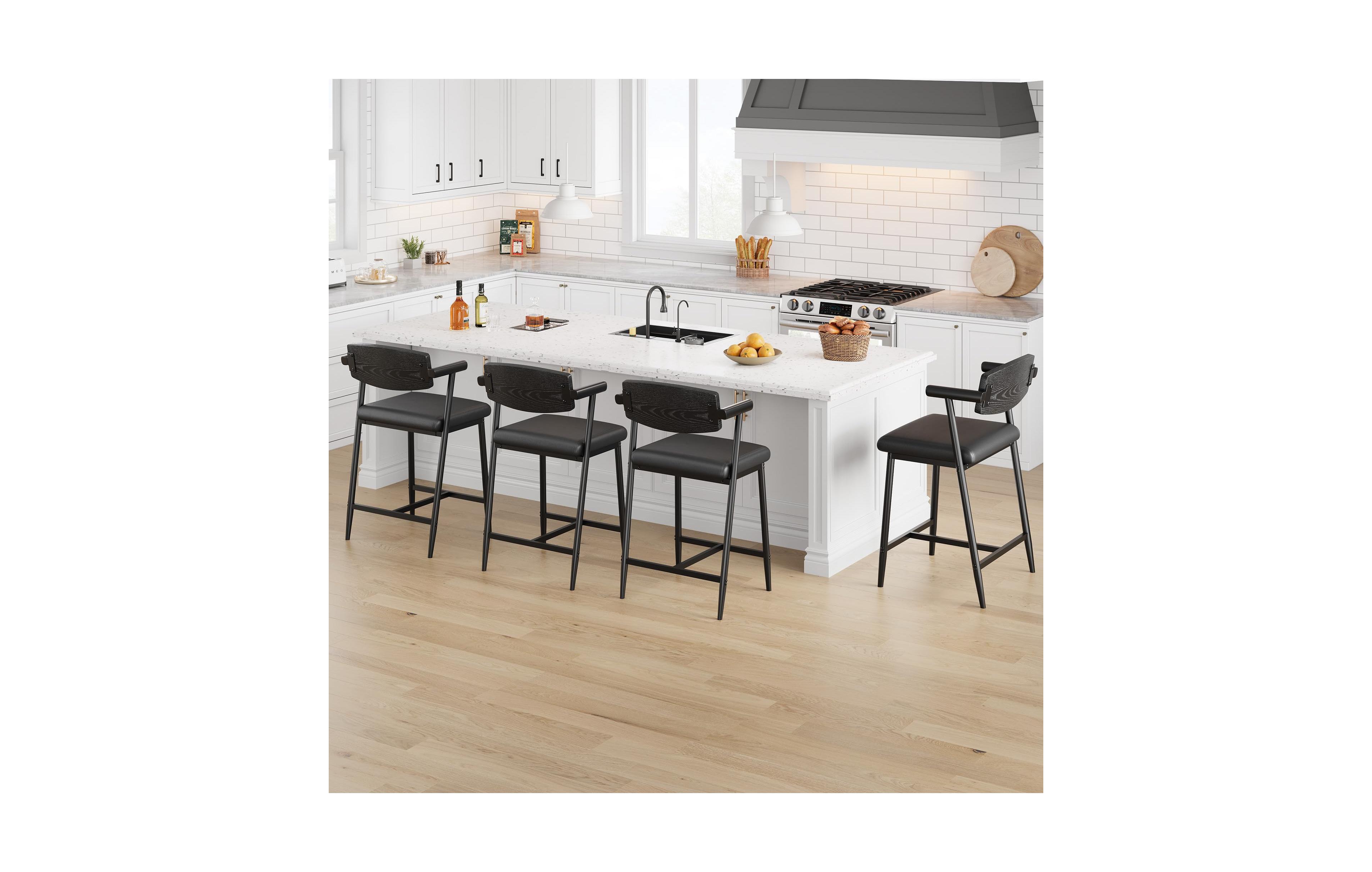 homfan 26" Counter Height Bar Stools with Arms - Metal Frame, Wood Back, Footrest, Wide Seat, Sturdy for Kitchen Island or Home Bar