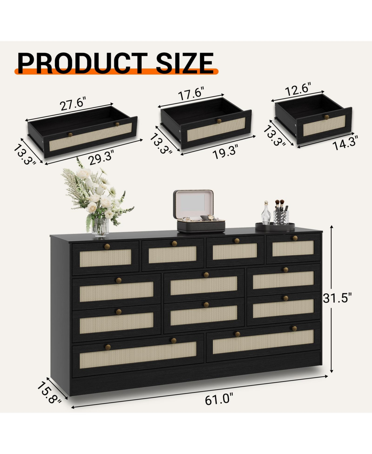 homfan Modern 12 Drawer Sturdy Wood Dresser- Extra Wide Chest with Deep Storage - Tv Stand for 65 Inch Versatile Living Room, Closet