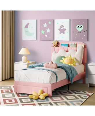 Twin Bed Frame for Kids, Upholstered Platform Bed with Storage Drawer and Bookcase Headboard, Noise-Free Easy Assembly Bed