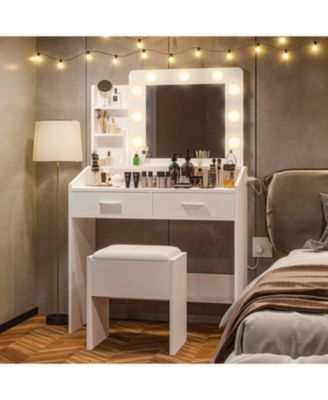 Modern Vanity Desk with Large Mirror, Dimmable LED Lights, Power Outlet, 7 Drawers & Cushioned Stool