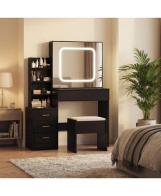 Makeup Vanity Desk with Sliding LED Mirror, Power Outlet, 4 Drawers, Shelves & Cushioned Stool