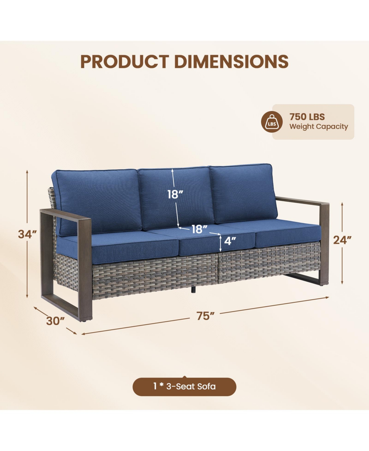 Pocassy Patio Couch with High Back, 75" Outdoor 3 Seats Sofa, All Weather Pe Wicker 4-inch Cushion