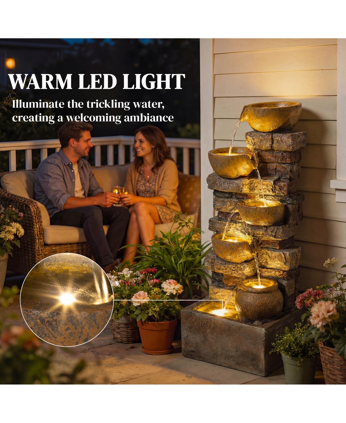 Outsunny Outdoor Fountain with Led Lights, Resin Garden Fountain
