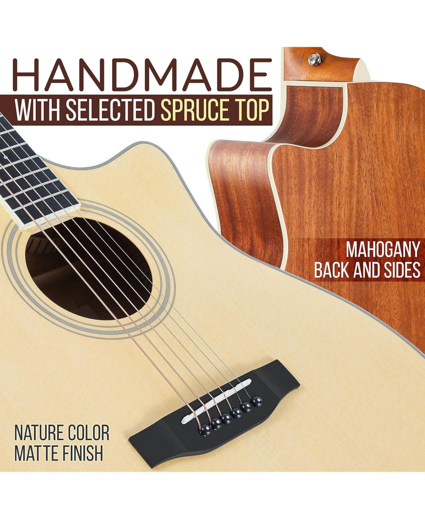 Детские игрушки Pyle 41" Electric Acoustic Guitar Kit - Full Size Dreadnought Cutaway with Spruce Top, Gig Bag, Strap, Picks and Extra Steel Strings, цвет: Коричневый — фото 2