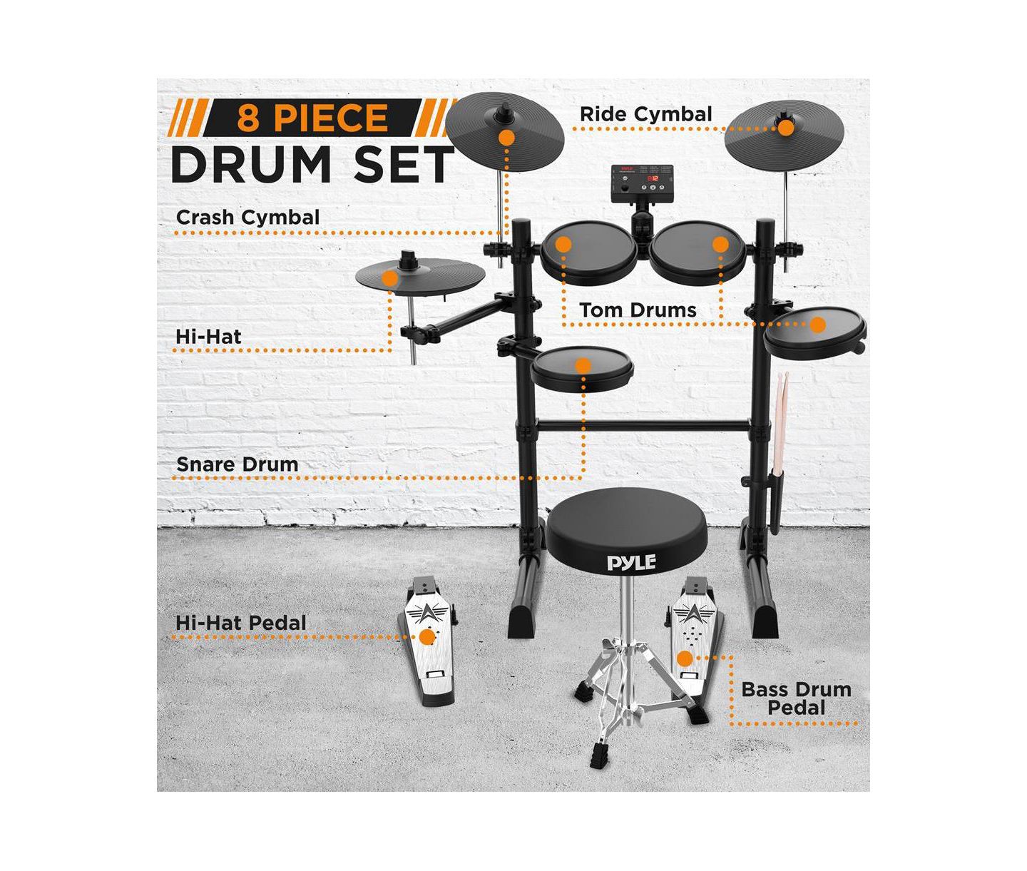 Детские игрушки Pyle 7-Piece Electric Drum Set with MIDI Support, Preloaded Sounds, Cymbals, Foot Pedals, and Mac/PC Compatibility, цвет: Чёрный — фото 5