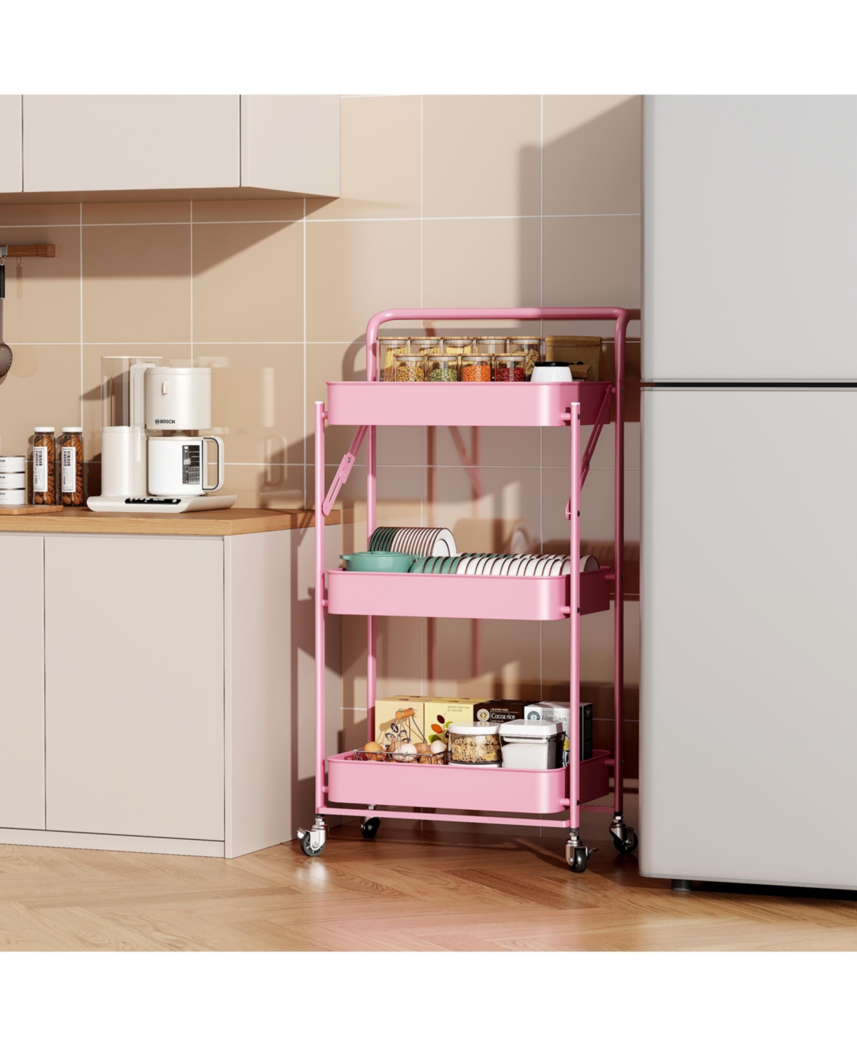 Mega Casa 5 tier Rolling Utility Cart with Lockable Wheels, Adjustable Baskets Metal Storage Cart for Home Kitchen