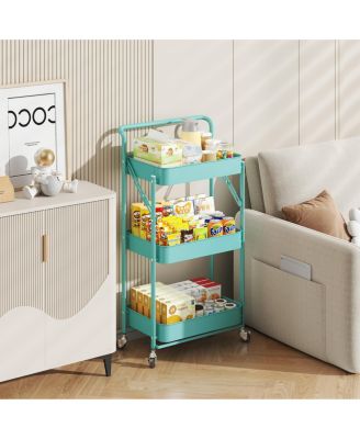 Foldable 3 Tier Rolling Cart, Metal Utility Cart, Folding Mobile Multi-Function Storage Trolley Organizer Cart for Home Library Office