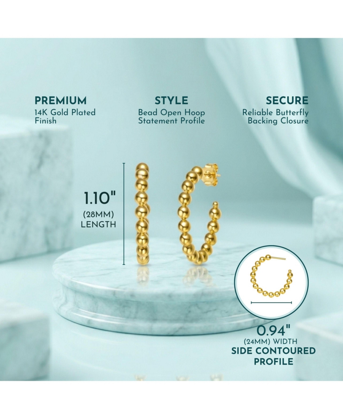 14K Gold Plated Bead Open Hoop Earrings