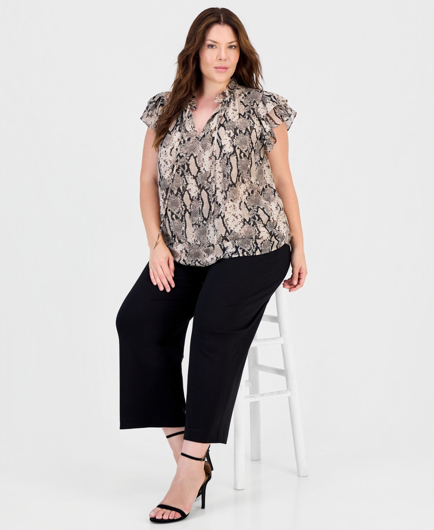 Plus Size Printed Split-Neck Flutter-Sleeve Blouse
