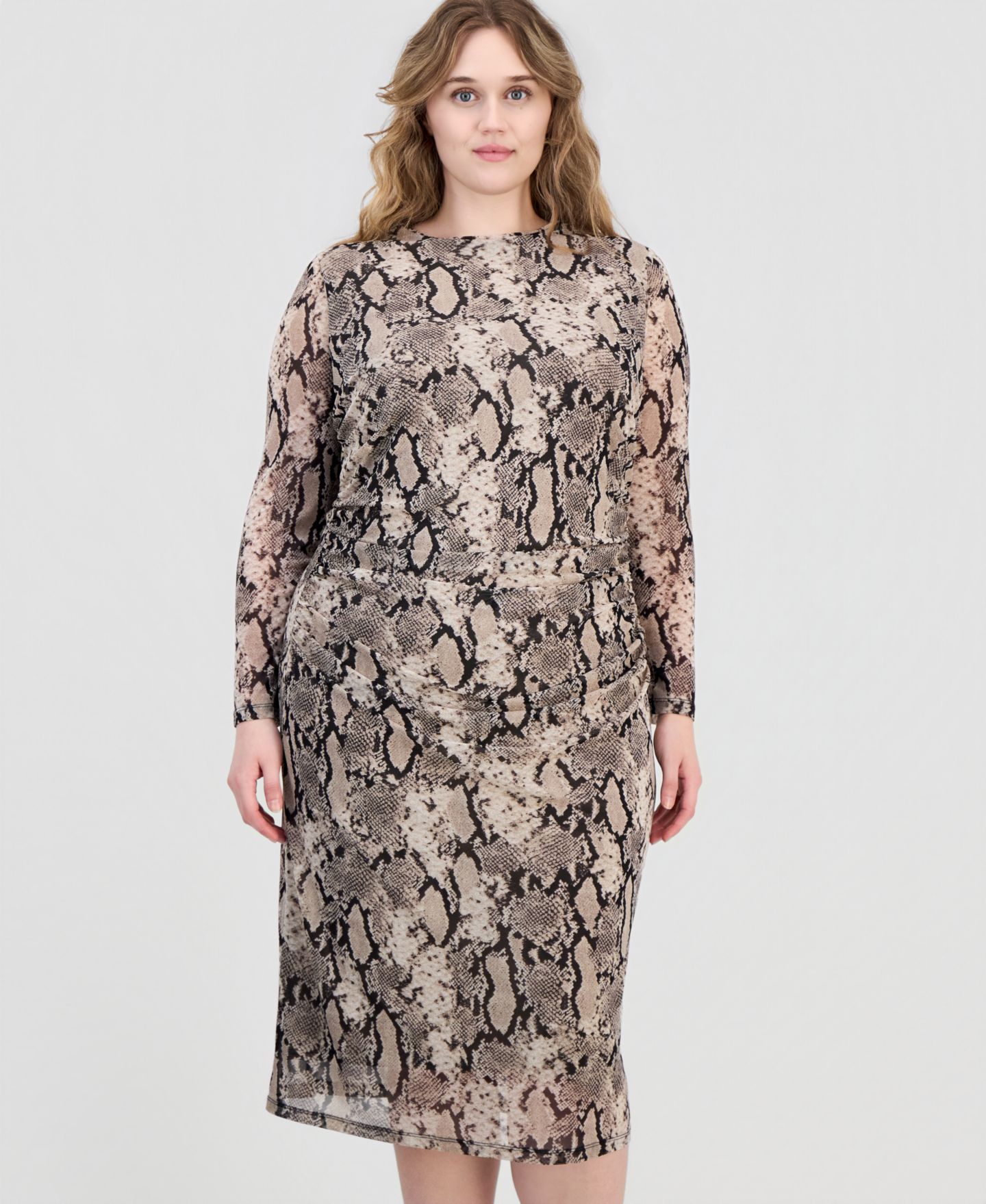 Женское платье Anne Klein Nne Klein Plus Size Snake-Print Shirred-Waist Long-Sleeve Midi, цвет: Натуральный глиняный разноцветный — фото 4