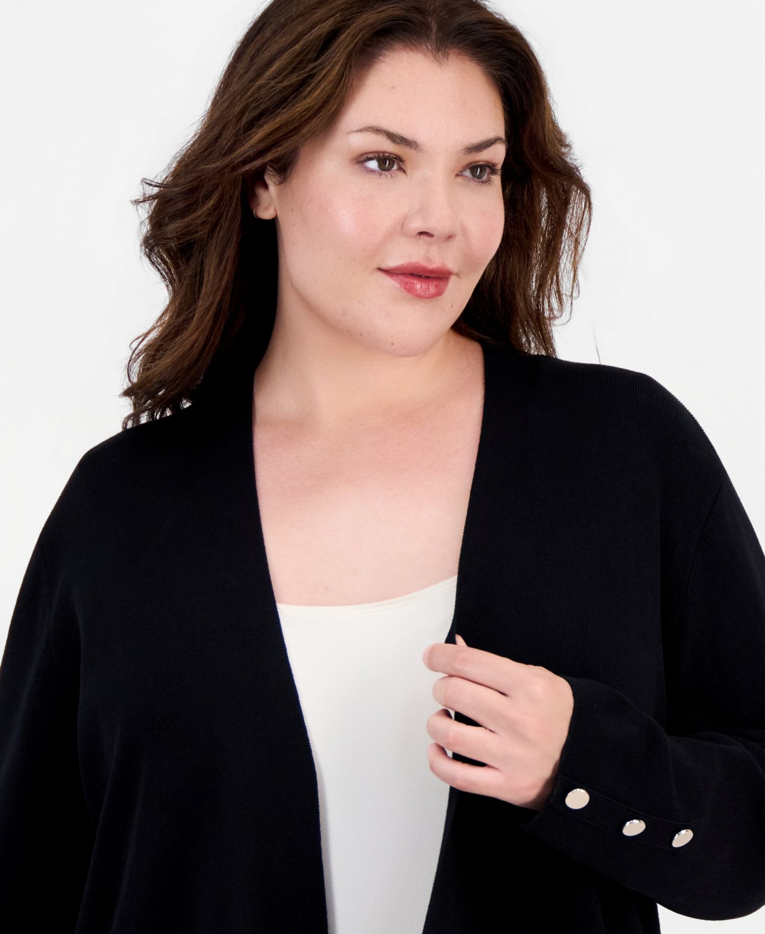Plus Size Collarless Open-Front Long-Sleeve Cardigan