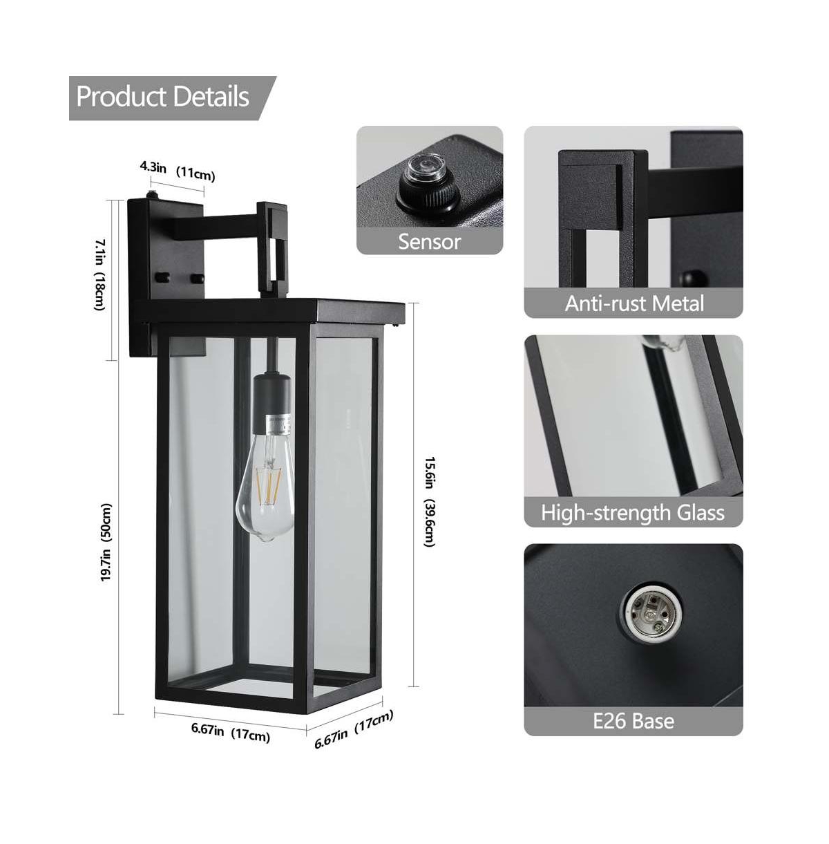 Busdays 2 Pack 20 Inch Modern Outdoor Wall Lantern Black Metal Clear Glass with Ambient Light Sensor Weatherproof Sconce Garage Entryway E26 Bulb