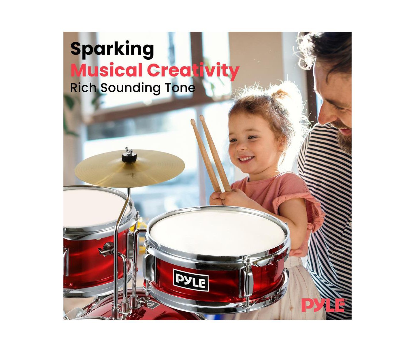 Детские игрушки Pyle 3-Piece Kids Drum Set - 13" Metallic Red Junior Drum Kit with Throne, Cymbal, Bass Pedal, Tom & Drumsticks — фото 7