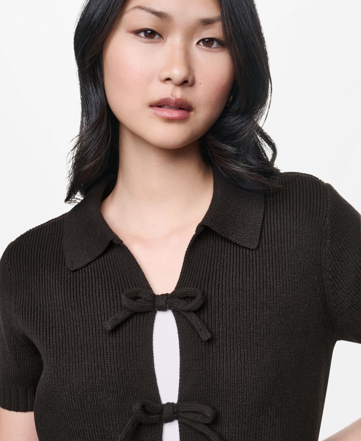 Women's Short-Sleeve Polo Collar Tie-Front Sweater