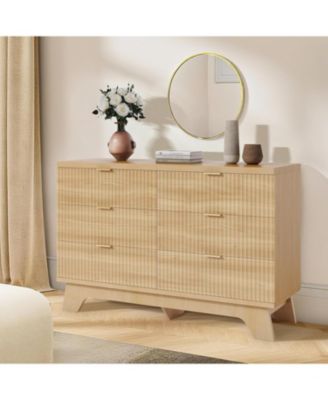 6 Drawer Wood Dresser TV Stand with Handles, Mid-Century Storage Cabinet for Bedroom