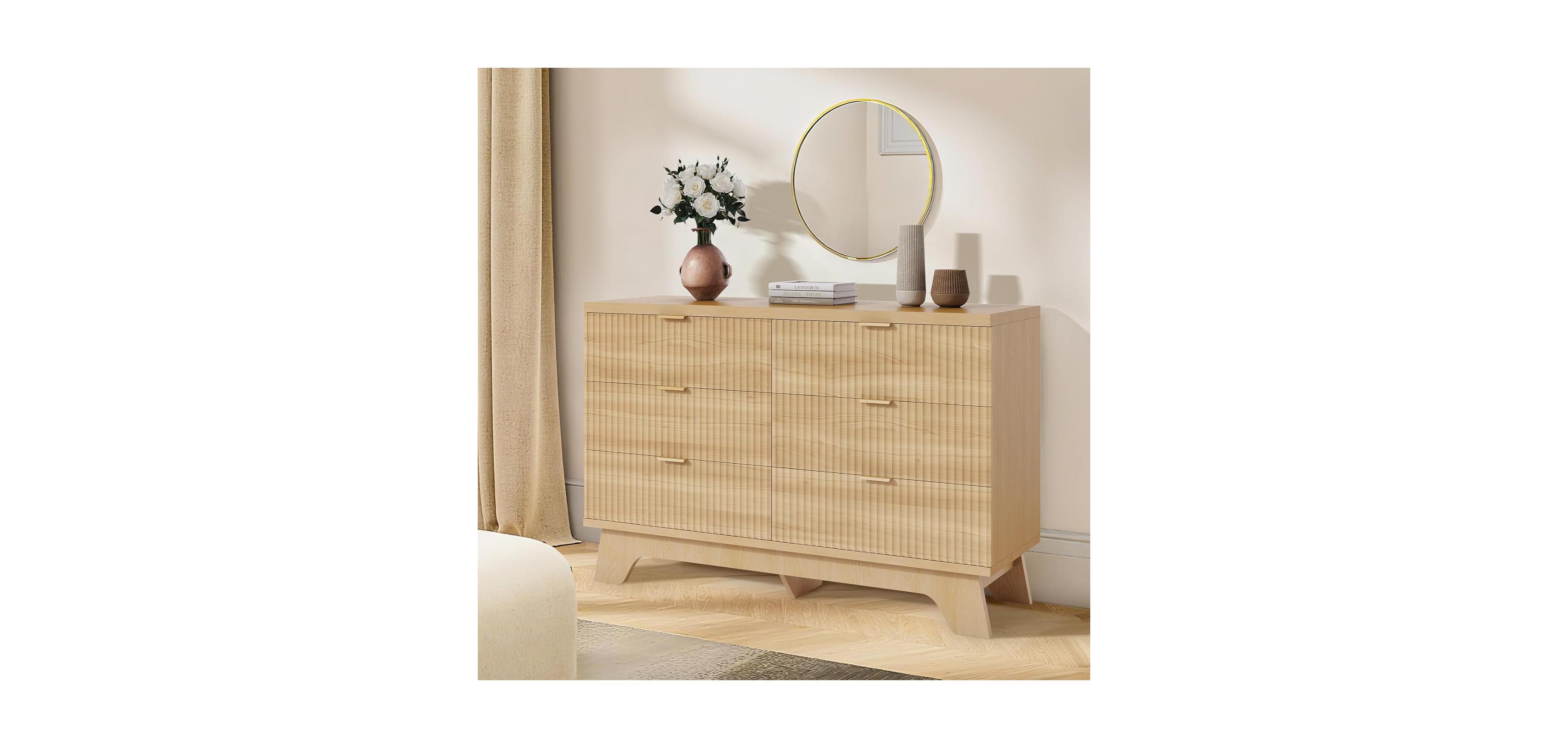 gaomon 6 Drawer Wood Dresser Tv Stand with Handles, Mid-Century Storage Cabinet for Bedroom
