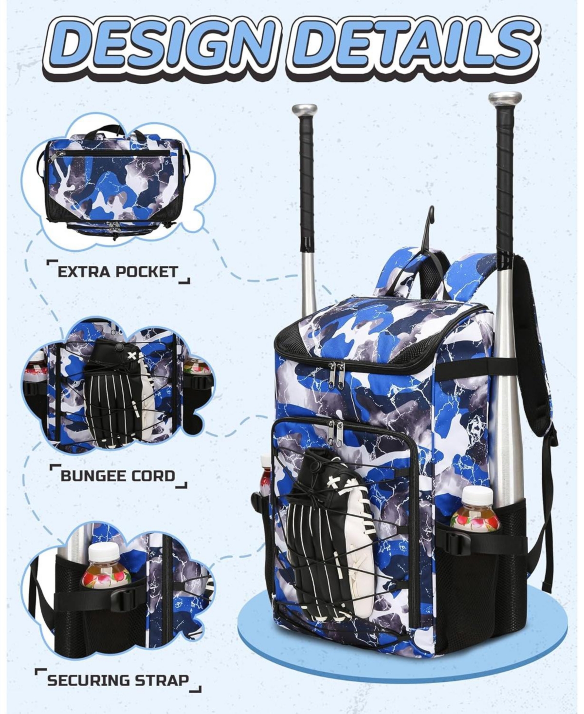 Furlihong Camouflage Pattern Youth Baseball Softball Gear Bag Backpack - for Ages 8-14, Large Bat with Ventilated Shoe Compartment Players