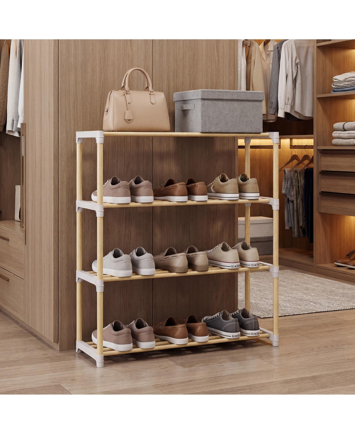 Gouun 4-Tier Solid Pine Wood Shoe Rack with Slatted Open Shelves, 28 x 11 x 31