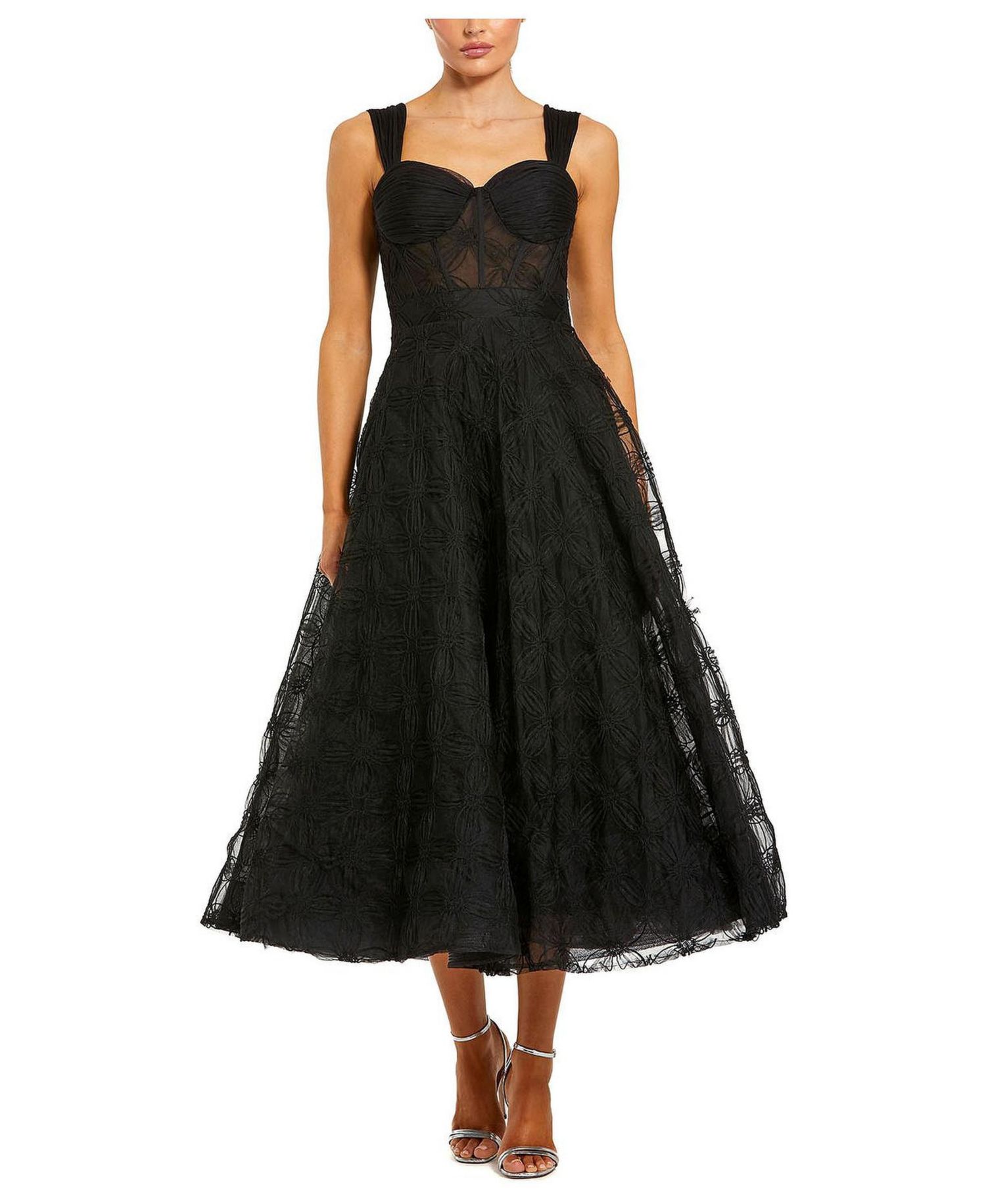 Women's Sleeveless A Line Bustier Floral Tulle Midi Dress