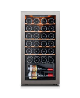Wine Cooler Refrigerator 28 Bottle Mini Wine Fridge 3 color LED Freestanding Wine Cellar with Glass Door