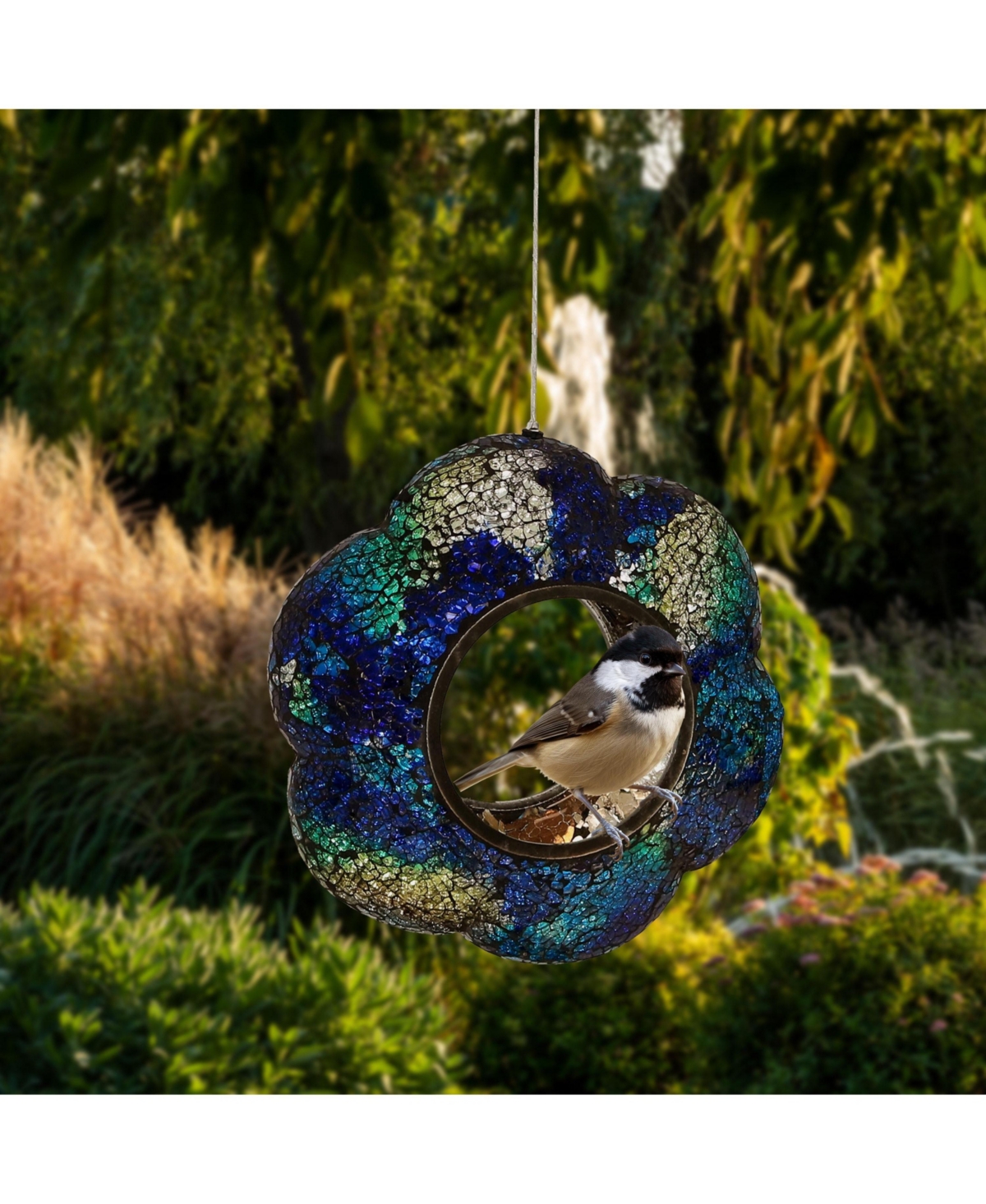 Sunnydaze Decor Outdoor Garden Patio Glass Round Flower Shaped Hanging Fly-Through Bird Feeder - 10"