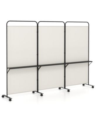 3-Panel Folding Room Divider with Metal Shelves and Lockable Wheels