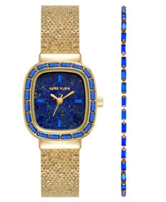 Women's Quartz Blue Lapis Dial Barrel-shaped Gold-Tone Stainless Steel Mesh Watch Set 22.6mm