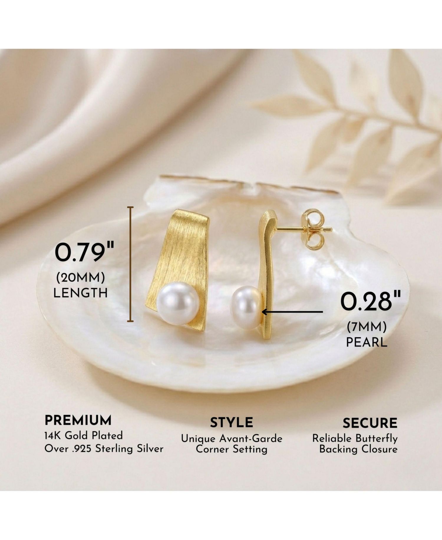 Unique Sterling Silver 14k Gold Plated White Pearl Earrings