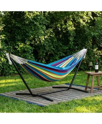 Double Hammock with Stand, Adjustable Portable Hammock Chair with Sturdy Steel Frame, Thick Rope and Carrying Bag Suitable