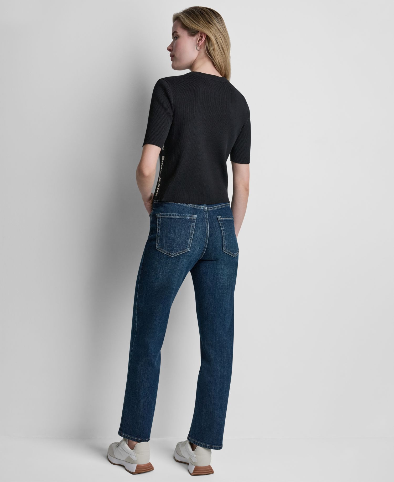Women's Side Logo Button-Front Elbow-Sleeve Crewneck Sweater