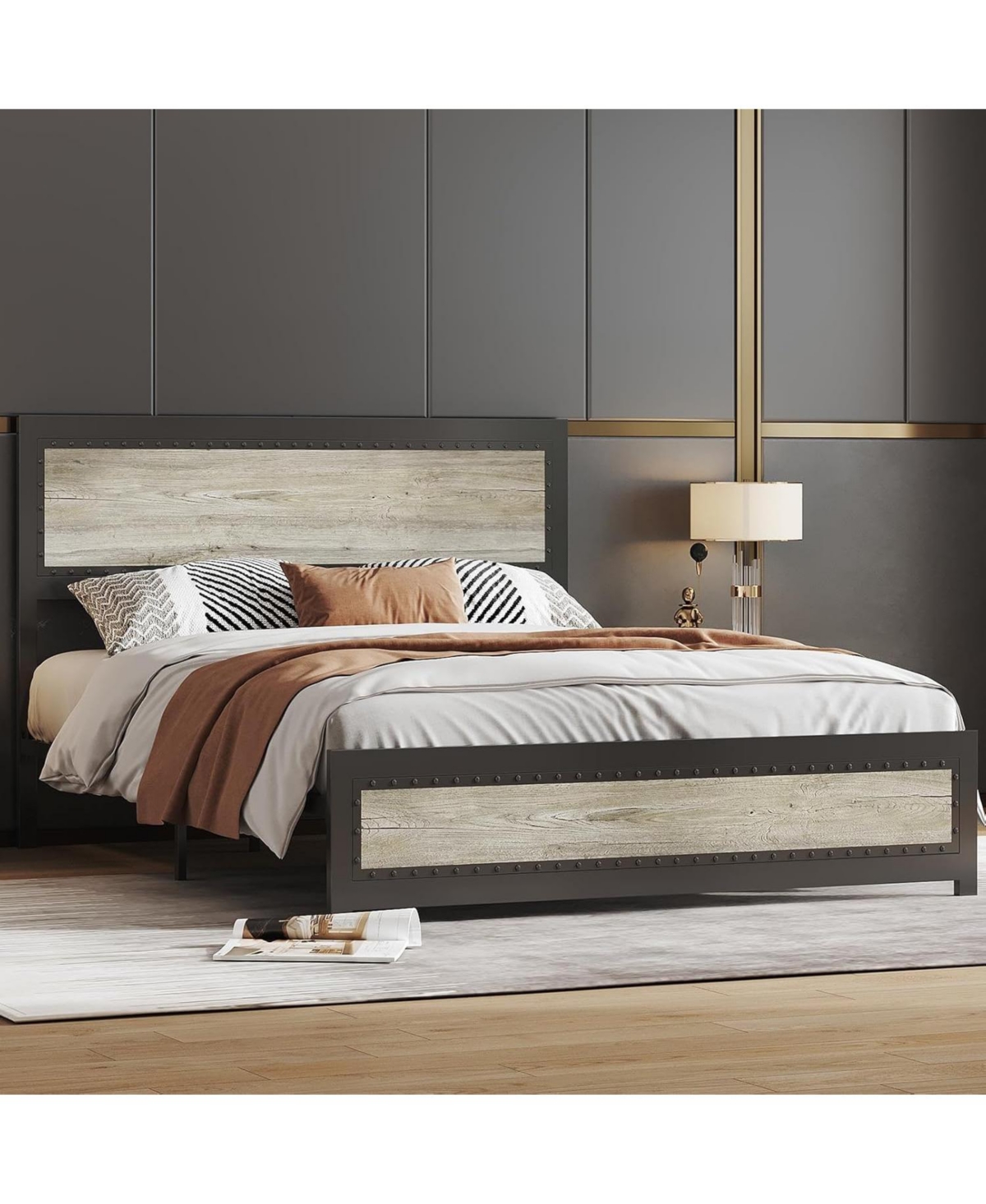 gaomon Industrial Platform Bed Frame with Charging Station And Headboard