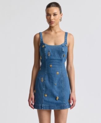 macys womens denim dresses Bar Iii Women's Mini Dress, Macy's Exclusive featured with a pleated waist for a figure Dkny Jeans Women's Collared Neck