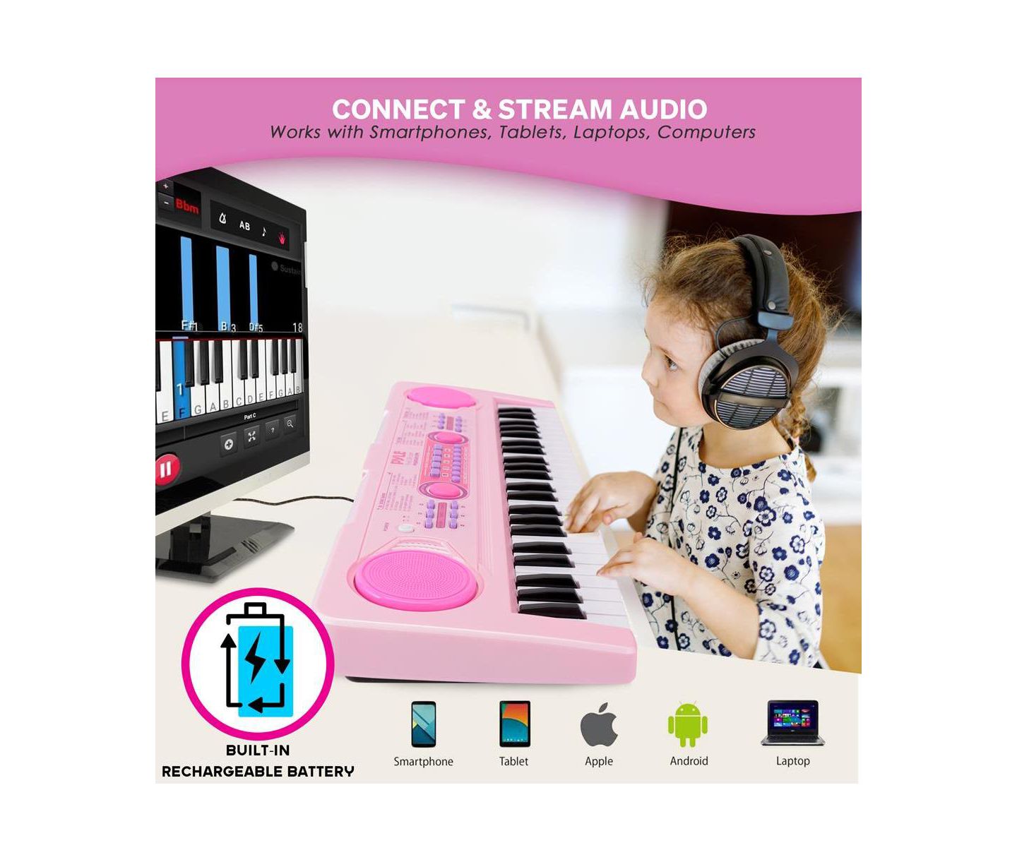 Детские игрушки Pyle Portable Kids Piano Keyboard and Mic Kit, цвет: Розовый — фото 4