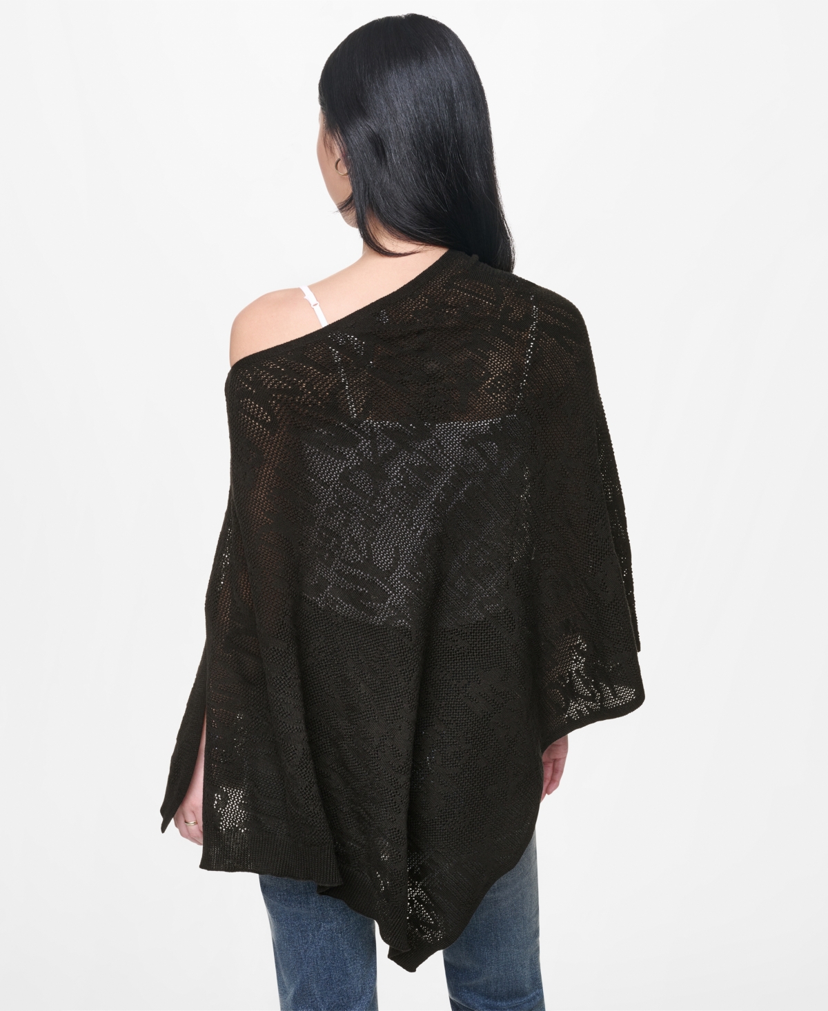 Dkny Jeans Women's Asymmetric Logo Pointelle Stitch Poncho Sweater