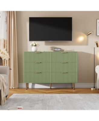 Modern Fluted 6 Drawer Dresser - Wide Wooden Chest with Deep Drawers - Double Dresser TV Stand for Bedroom, Living Room, Hallway, Kids Room